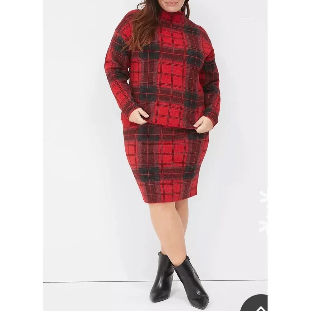 Lane Bryant Red Black Plaid Mock‎ Neck Sweater Skirt Set Plus Sz 22/24 Holiday